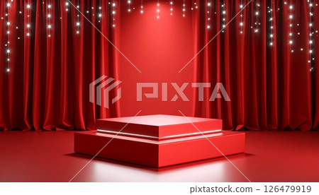 Red velvet theater stage curtains with a dramatic spotlight 126479919