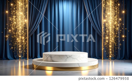 An empty classic red velvet theater stage with luxurious curtains and a light show design 126479938