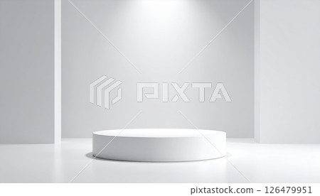 Empty white exhibition podium in a clean, modern 3D interior design with blank walls and soft light, perfect for gallery display 126479951