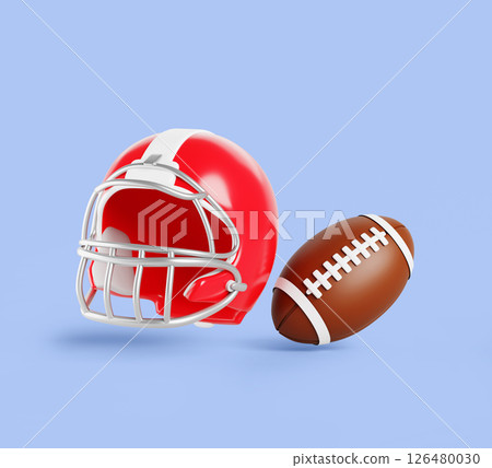 3d American football helmet with leather gridiron ball. Sports equipment to play team games. Red white safety helm with metal facemask and brown oval stitch ball, isolated render set. 3D illustration 3d American football helmet with leather gridiron ball. Sports equipment to play team games. Red white safety helm with metal facemask and brown oval stitch ball, isolated render set. 3D illustration 126480030