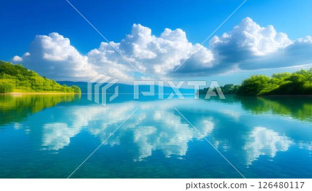 藍天、白雲、湖水 126480117