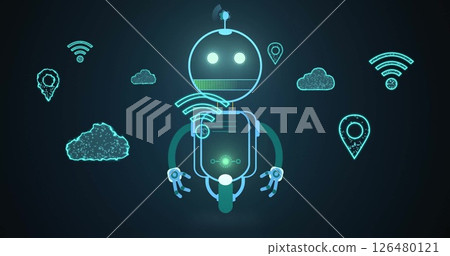 Image of robot icon over media icons 126480121