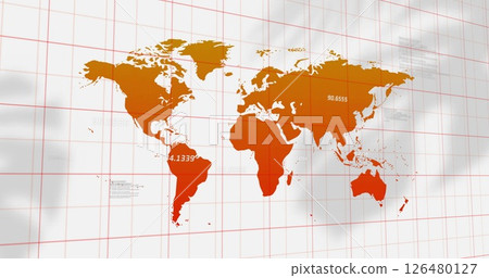 Image of world map with data processing over lines on white background 126480127