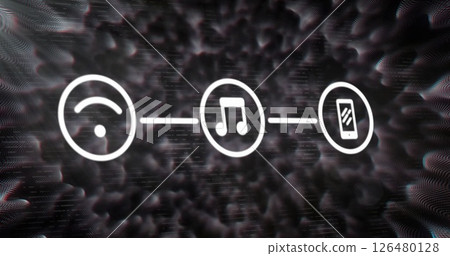 Image of network of connections with icons over white shapes on black background 126480128