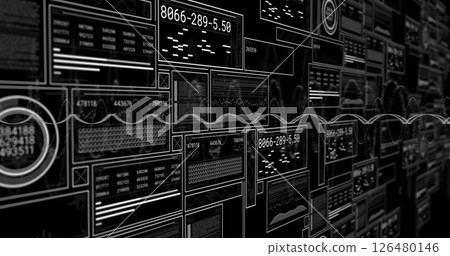 Image of data processing and diagrams on black background 126480146