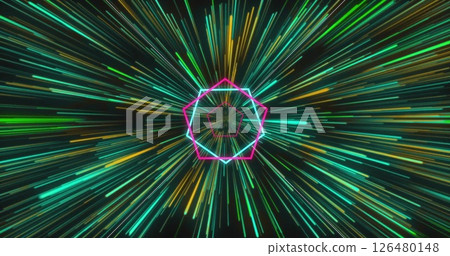 Image of neon shapes moving over green trails 126480148