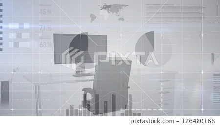 Image of data processing and diagrams over empty office Image of data processing and diagrams over empty office 126480168
