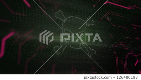 Skull and crossbones image over binary code and green digital background Skull and crossbones image over binary code and green digital background 126480188