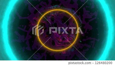 Image of neon colourful circles over shapes moving Image of neon colourful circles over shapes moving 126480200