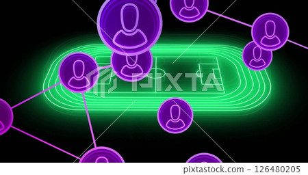 Image of network of connections with icons over neon stadium 126480205