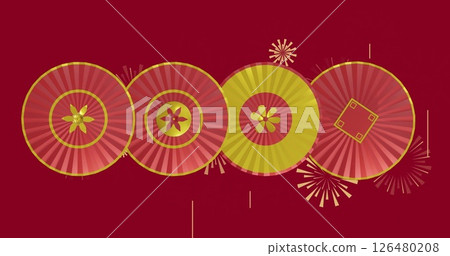 Image of red and yellow circles with shapes over fireworks on red background 126480208