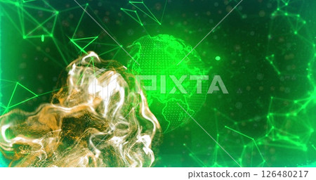 Image of glowing trails over connections with globe on green background 126480217