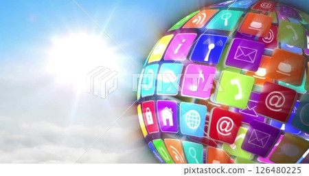 Image of globe of media icons over sun 126480225