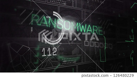 Image of network of connections over data processing and ransomware text Image of network of connections over data processing and ransomware text 126480229
