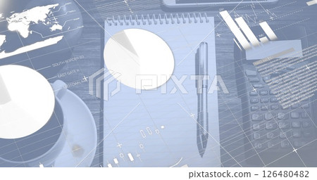 Image of data processing and diagrams over office table with equipment 126480482