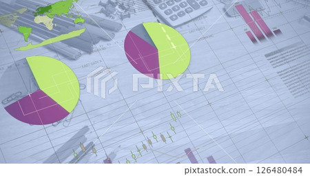 Image of data processing and diagrams over office table with equipment 126480484
