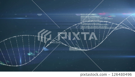 Image of dna strand and data processing over blue background 126480496