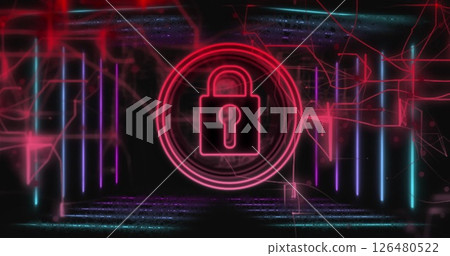 Glowing padlock icon and digital lines, data security image over dark background Glowing padlock icon and digital lines, data security image over dark background 126480522