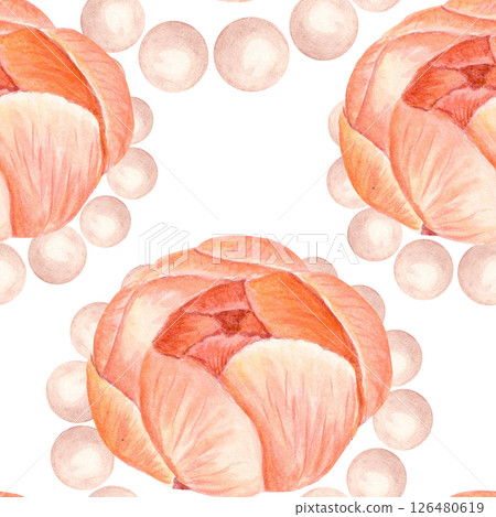 Pink peony flowers surrounded by soft pearls form an elegant repeating design, ideal as a watercolor seamstress pattern. Perfect for fabric prints, wedding decor, feminine branding, and packaging 126480619