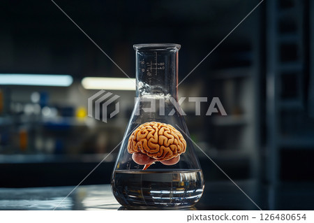 brain in a glass conical medical flask on dark background 126480654