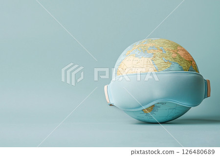 globe and sleep mask on silk bed, world sleep day 126480689