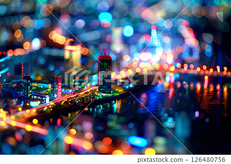 橫濱港未來五彩繽紛、霓虹閃爍的夜景 126480756