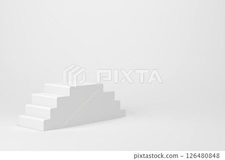 WHITE STAIR WITH BLANK WHITE BACKDROP ,3D RENDERING WHITE STAIR WITH BLANK WHITE BACKDROP ,3D RENDERING 126480848