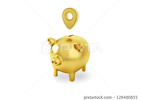 Gold piggy bank with gold map pointer 3d pin. Location symbol isolated on white background. 3D rendering. 126480855