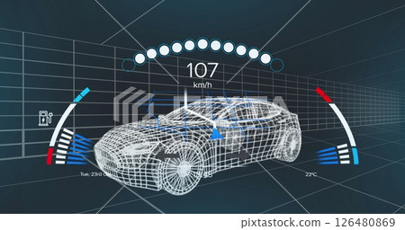 Image of 3d car model and data processing over dark background 126480869