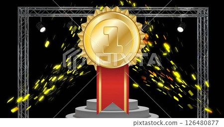 Image of gold medal with 1 text, confetti and podium in black frame on black background 126480877