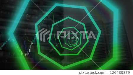 Image of financial data processing over neon pattern and cityscape 126480879