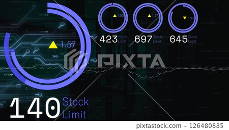 Image of blue circular scanners processing over data stream and network on black background 126480885