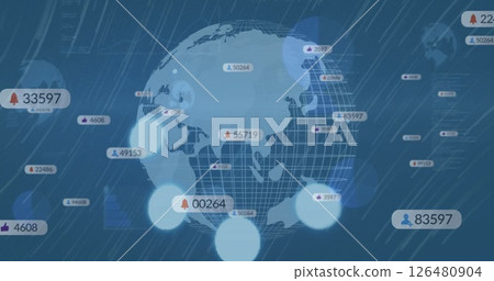 Image of social media icons with numbers over globe and lines on blue background 126480904