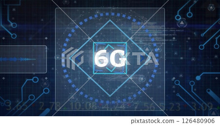 Image of scope scanning with data processing and globe of connections on blue background Image of scope scanning with data processing and globe of connections on blue background 126480906