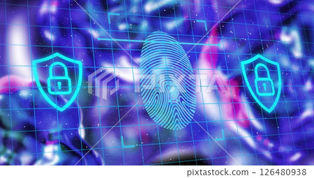 Image of biometric fingerpring and digital data processing over liquid background 126480938