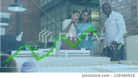 Image of green line and data processing over diverse business people in office Image of green line and data processing over diverse business people in office 126480939