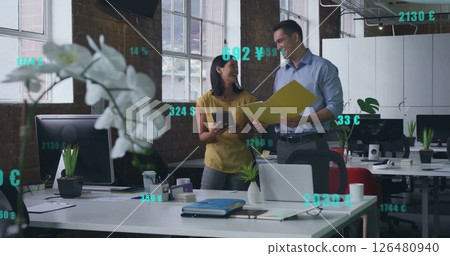 Image of financial data processing over diverse business people in office Image of financial data processing over diverse business people in office 126480940