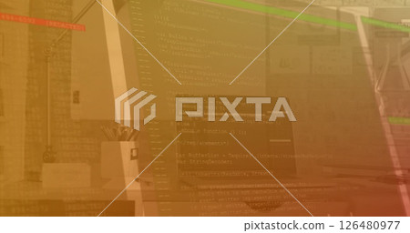 Image of digital data processing over computer on office desk 126480977