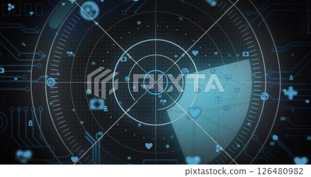 Image of network of connections with icons over scope scanning and data processing Image of network of connections with icons over scope scanning and data processing 126480982