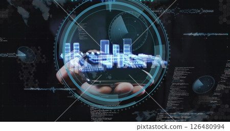 Image of model of computing board with hand over data processing 126480994