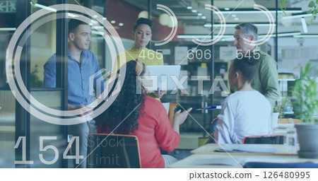 Image of data processing and circles over diverse colleagues discussing work 126480995