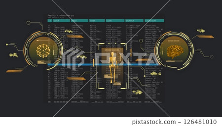 Image of network of connections with science data over black background Image of network of connections with science data over black background 126481010