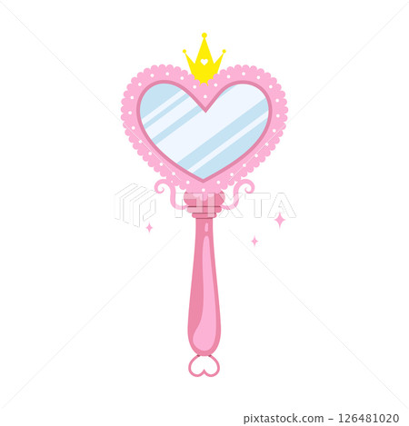 Princess mirror. Baby hand mirror with pink heart border. Handheld Makeup Frame. Vintage Vector illustration in flat cartoon style 126481020