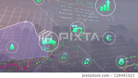 Image of ecology icons and data processing over cityscape Image of ecology icons and data processing over cityscape 126481022