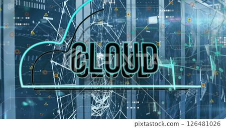 Image of cloud text in digital cloud over data processing and server room 126481026