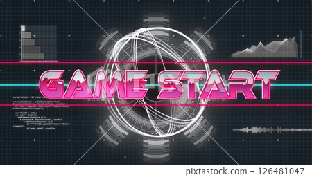 Image of game start text over data processing on black background Image of game start text over data processing on black background 126481047