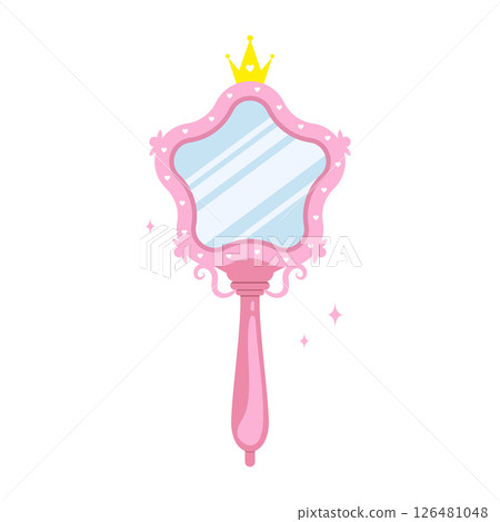 Princess mirror. Baby hand mirror with pink star frame. Antique party element with gold crown. Vector illustration in flat cartoon style 126481048