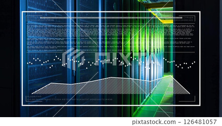 Image of data processing and diagram over server room Image of data processing and diagram over server room 126481057