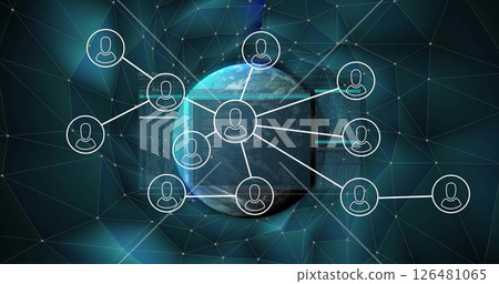 Image of network of connections with icons over globe 126481065