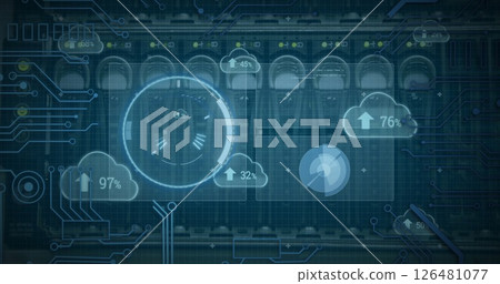 Image of data processing and scope scanning with clouds over server room Image of data processing and scope scanning with clouds over server room 126481077